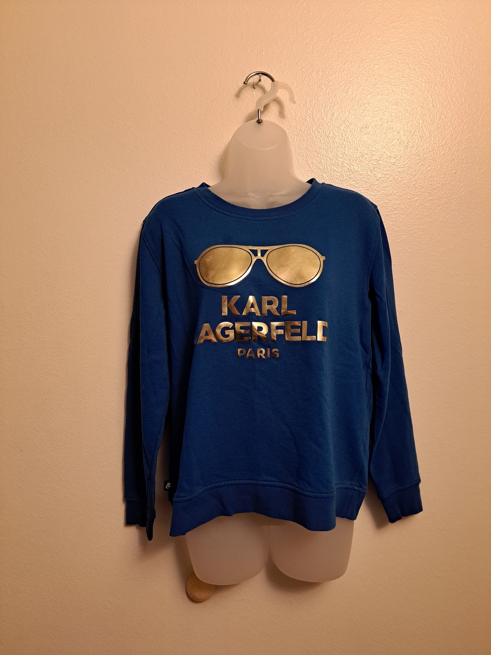 Karl Lagerfeld Paris Blue Crewneck Sweatshirt with Gold Sunglasses Logo